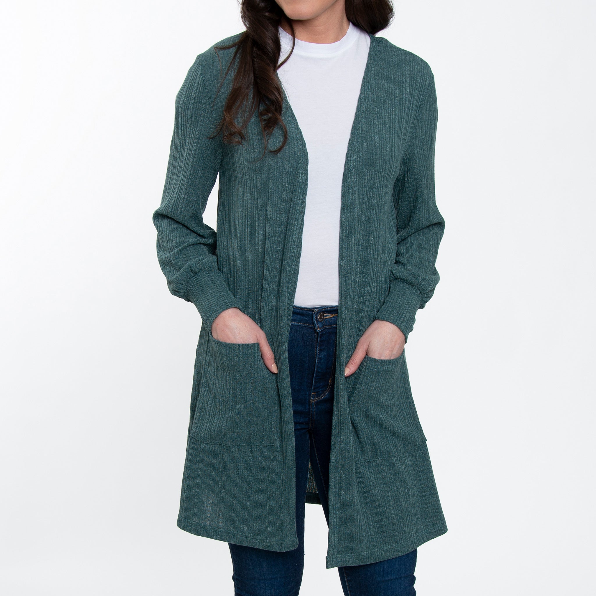 Maxx Jersey Knit Bishop Sleeve Ribbed Cardigan Slate 2XL