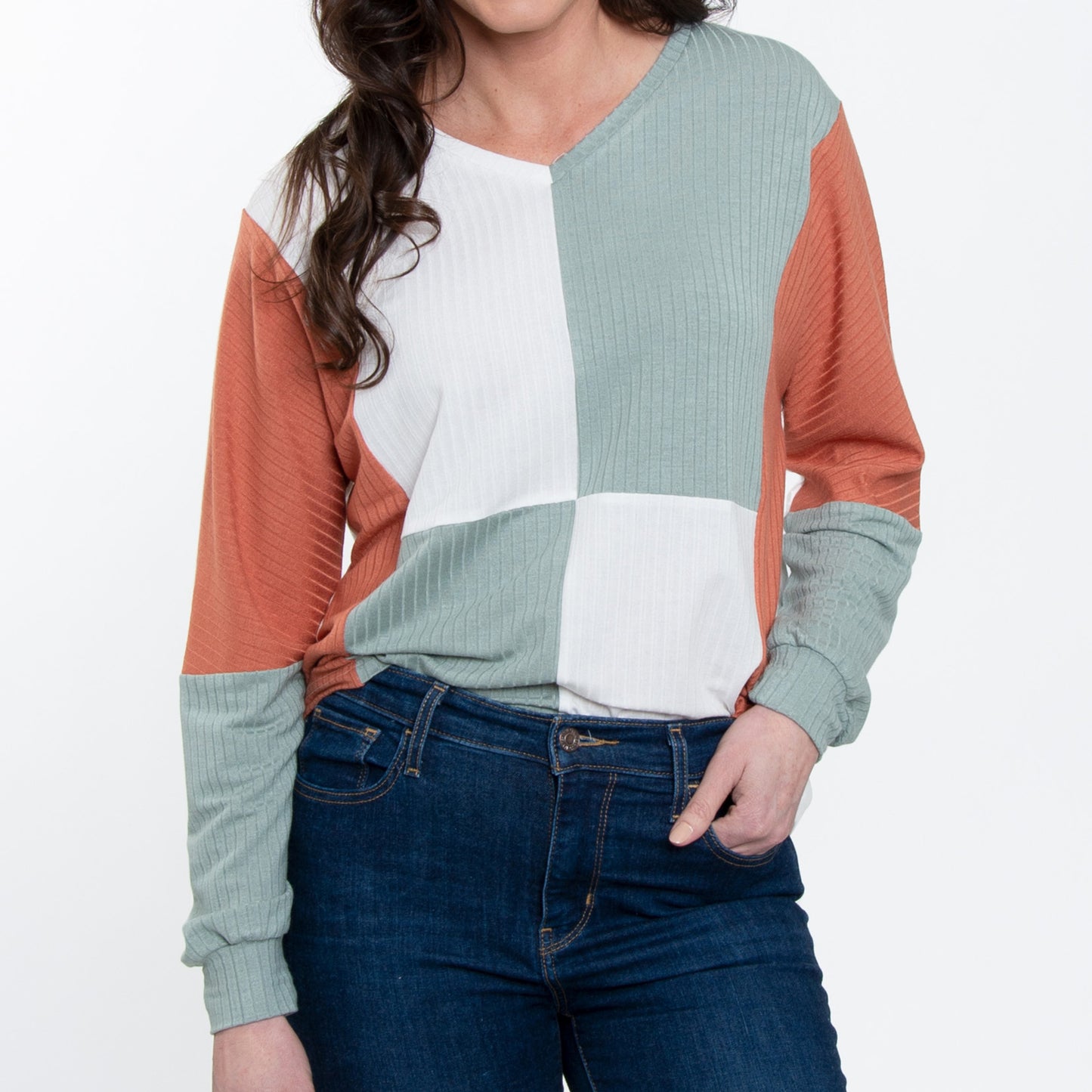 Keegan Long Sleeve V-Neck Color Block Sweater