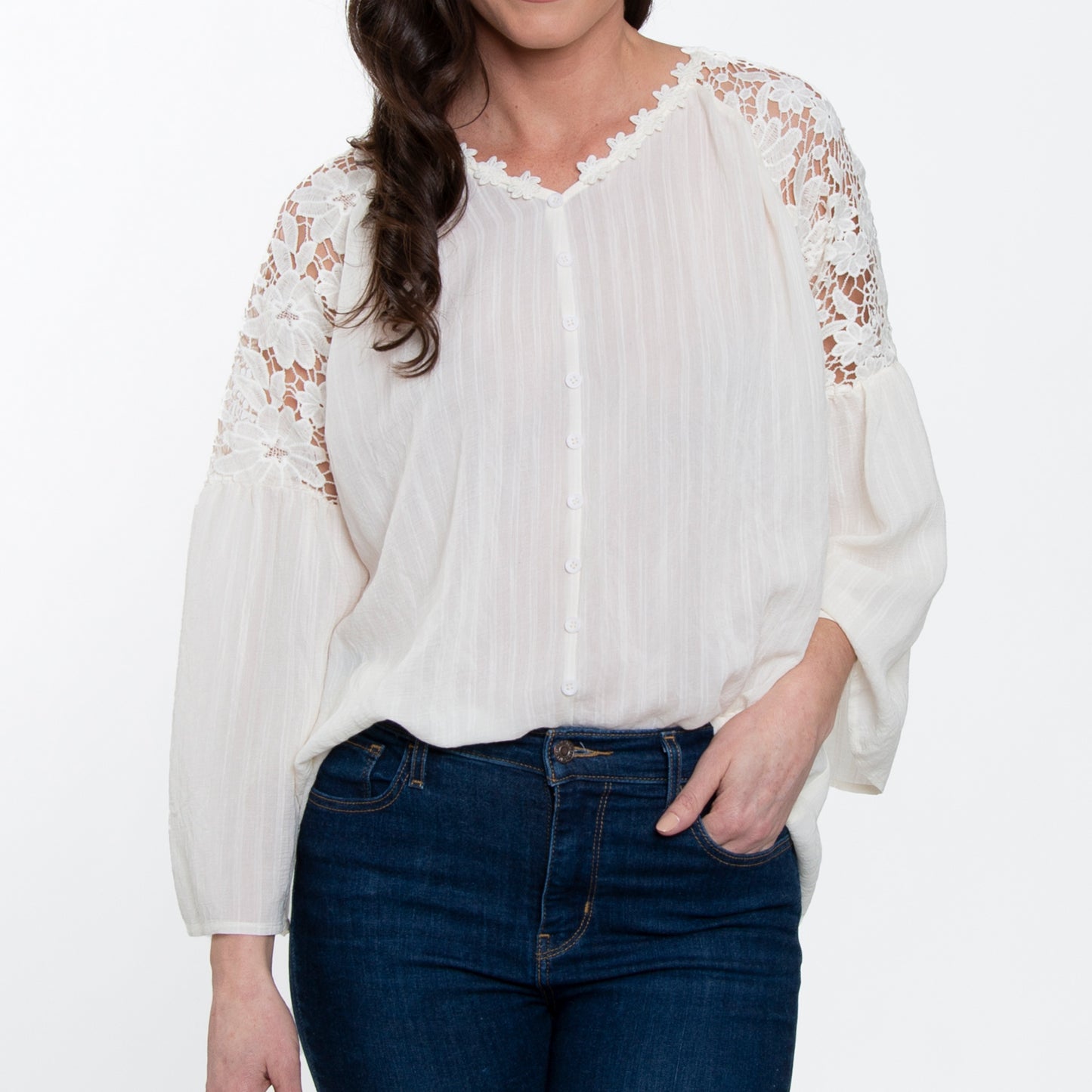 Mckenna Lace Back Long Sleeve V-Neck Blouse