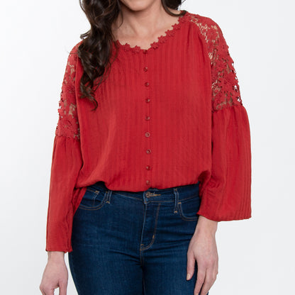 Mckenna Lace Back Long Sleeve V-Neck Blouse