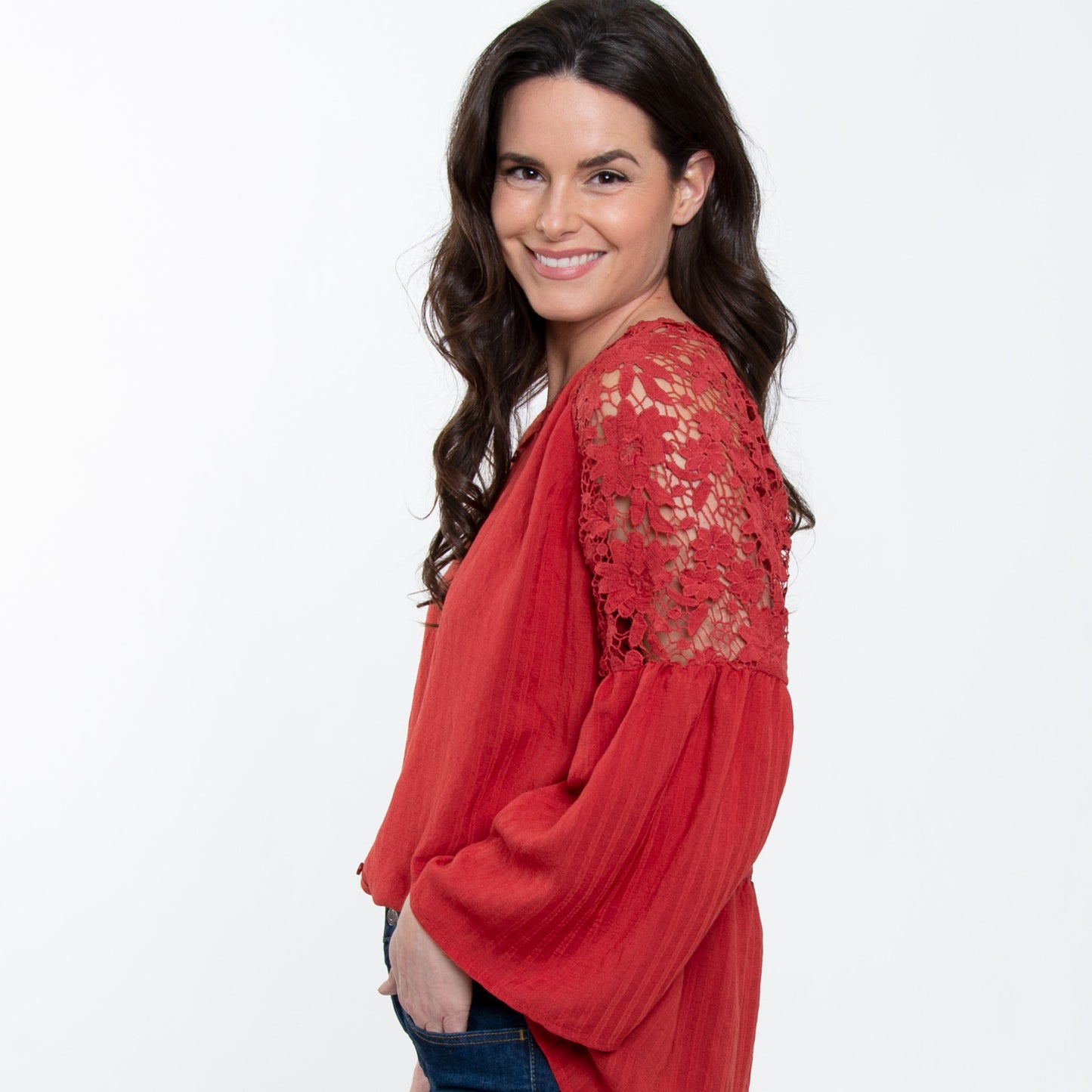 Mckenna Lace Back Long Sleeve V-Neck Blouse