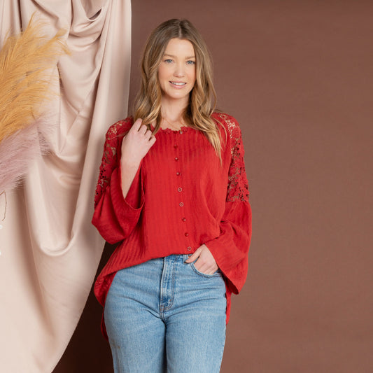 Mckenna Lace Back Long Sleeve V-Neck Blouse