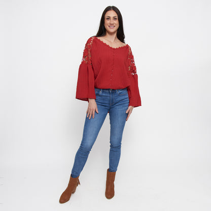Mckenna Lace Back Long Sleeve V-Neck Blouse