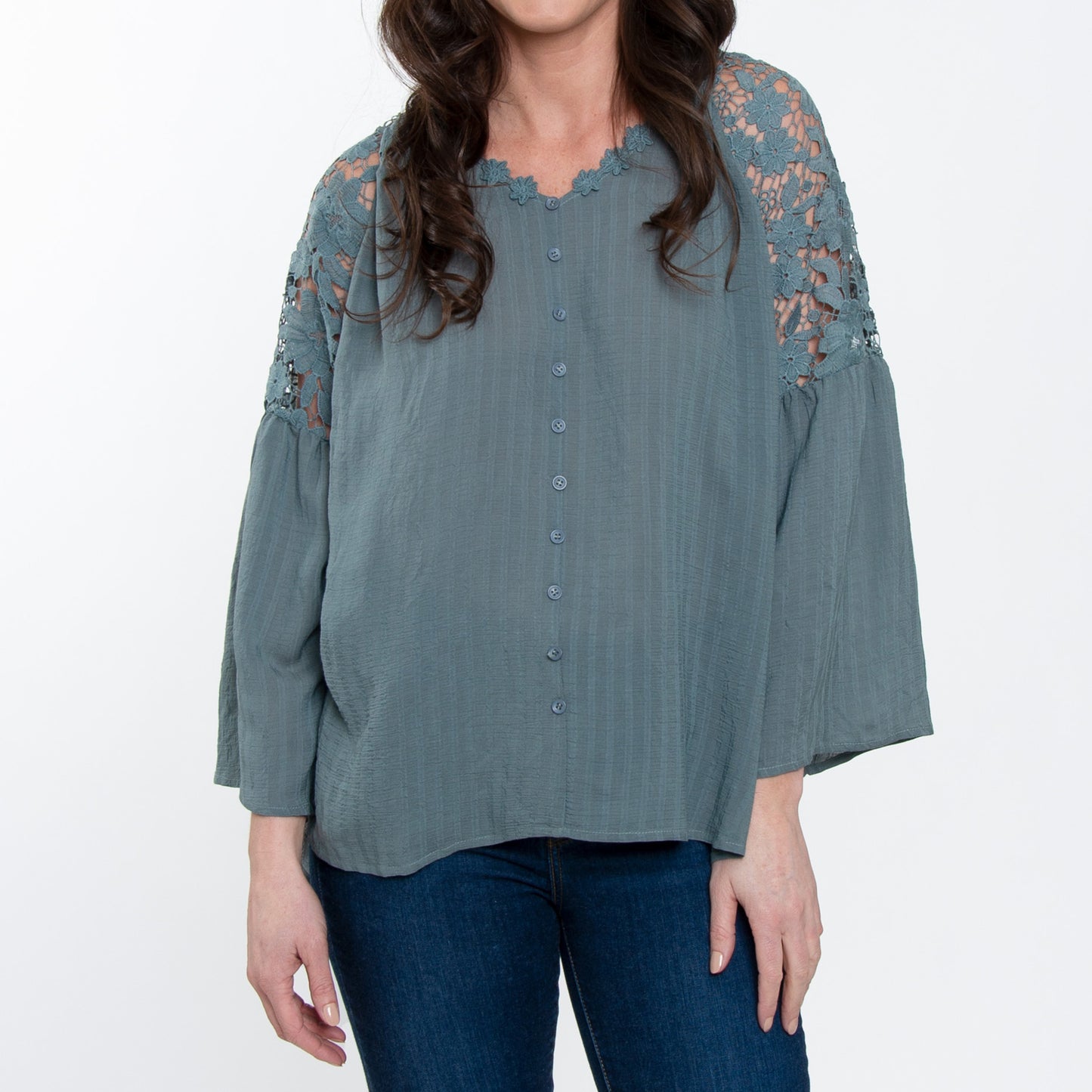 Mckenna Lace Back Long Sleeve V-Neck Blouse