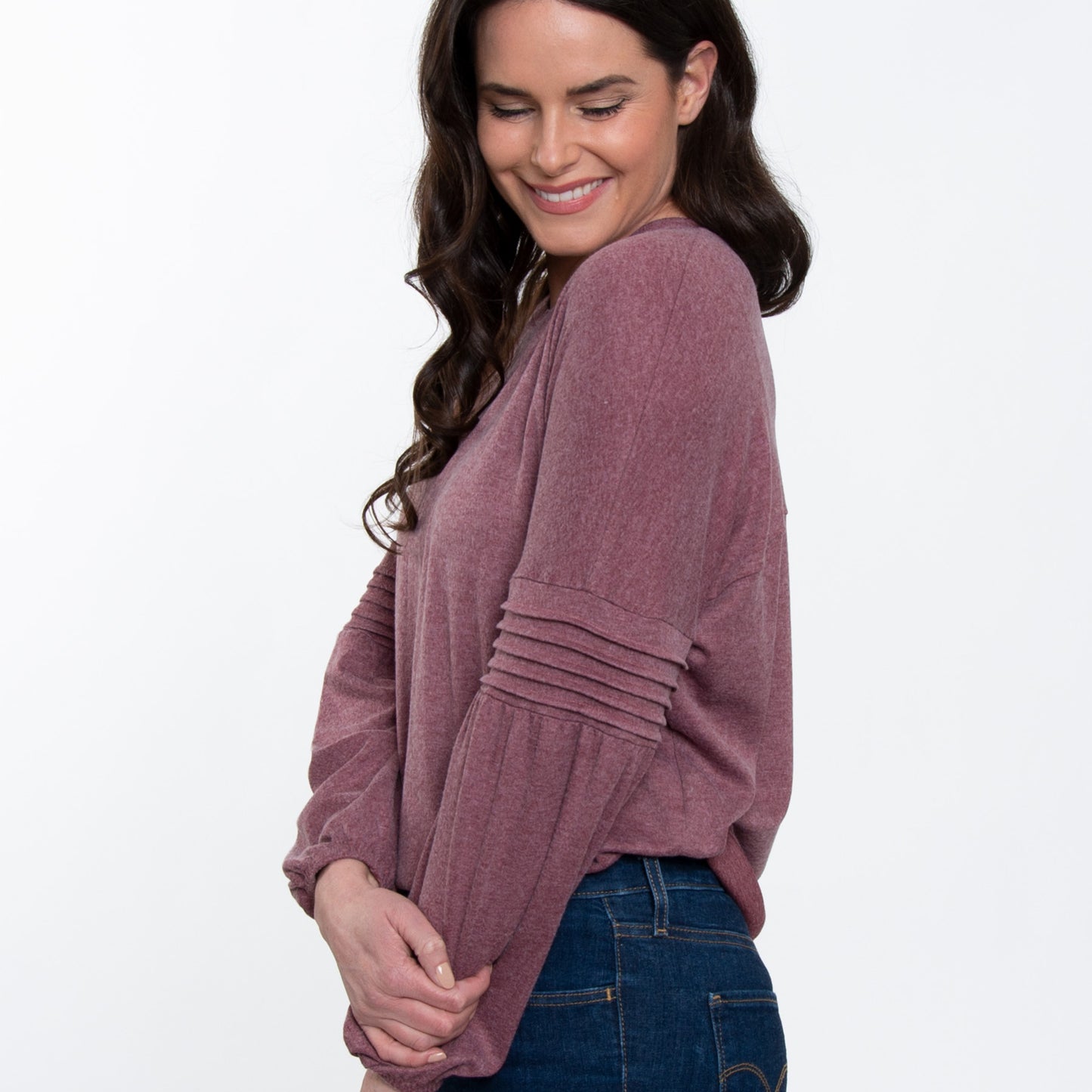 Carson Pleated Bishop Long Sleeve Crew Neck Sweater