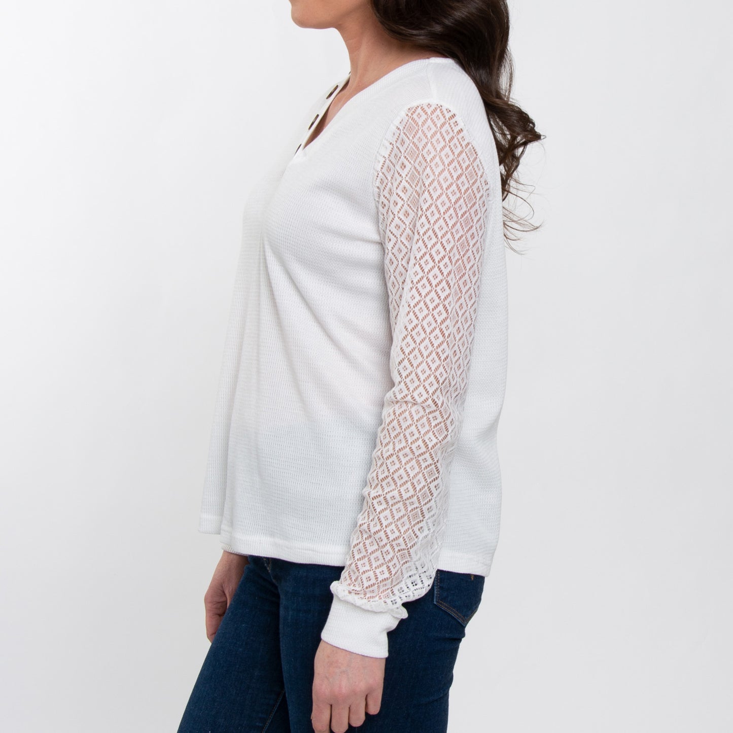 Dru Lace Long Sleeve Thermal V-Neck Sweater