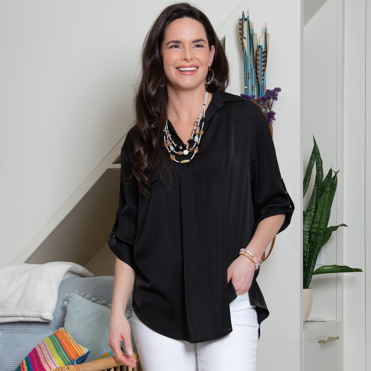 Amaris Collared Relaxed Fit Half Sleeve V-Neck Blouse