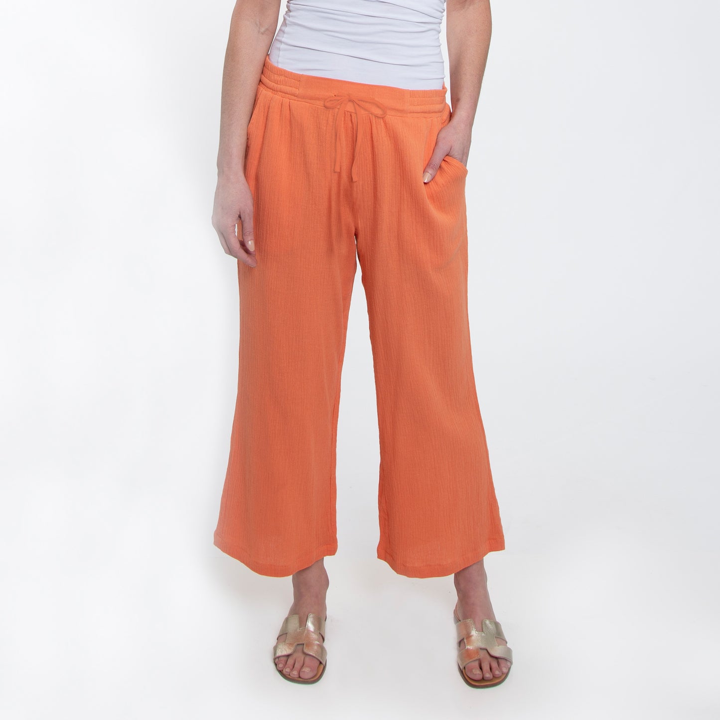 Monroe Cotton Gauze Wide Leg Cropped Drawstring Pant