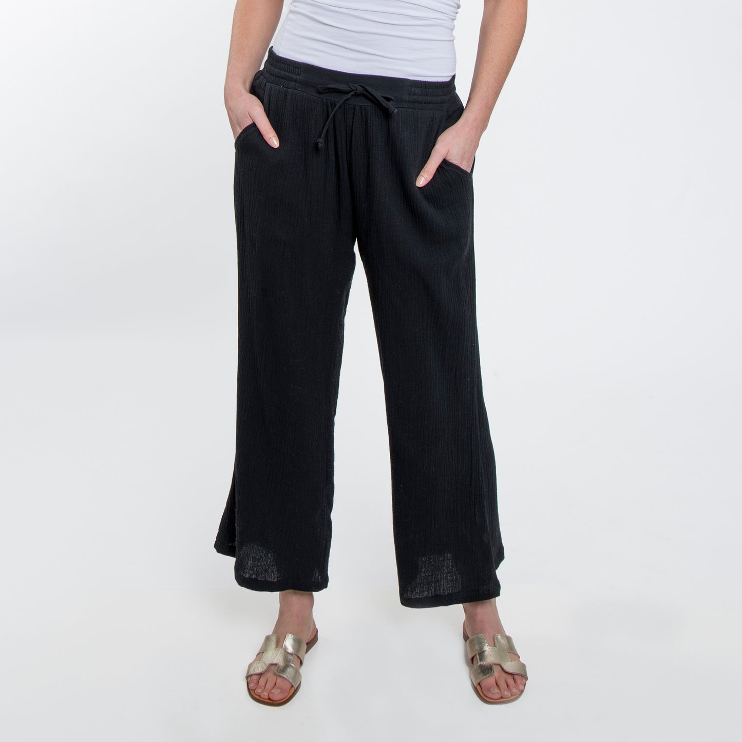 Monroe Cotton Gauze Wide Leg Cropped Drawstring Pant