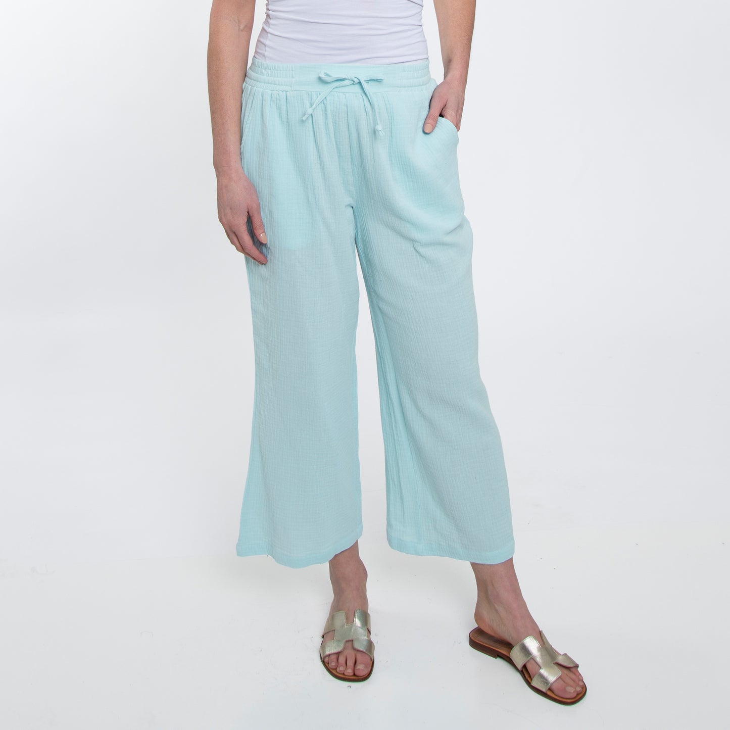 Monroe Cotton Gauze Wide Leg Cropped Drawstring Pant