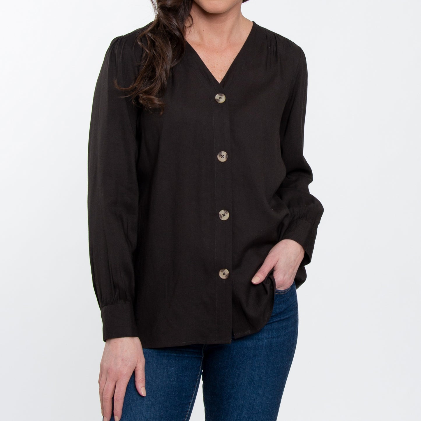 Izara Front Button Down Long Sleeve V-Neck Blouse