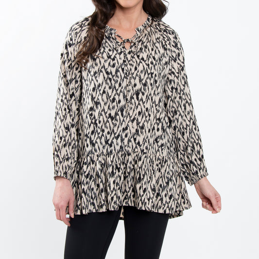 Hollis Ruffle Long Sleeve Ikat V-Neck Tie Blouse