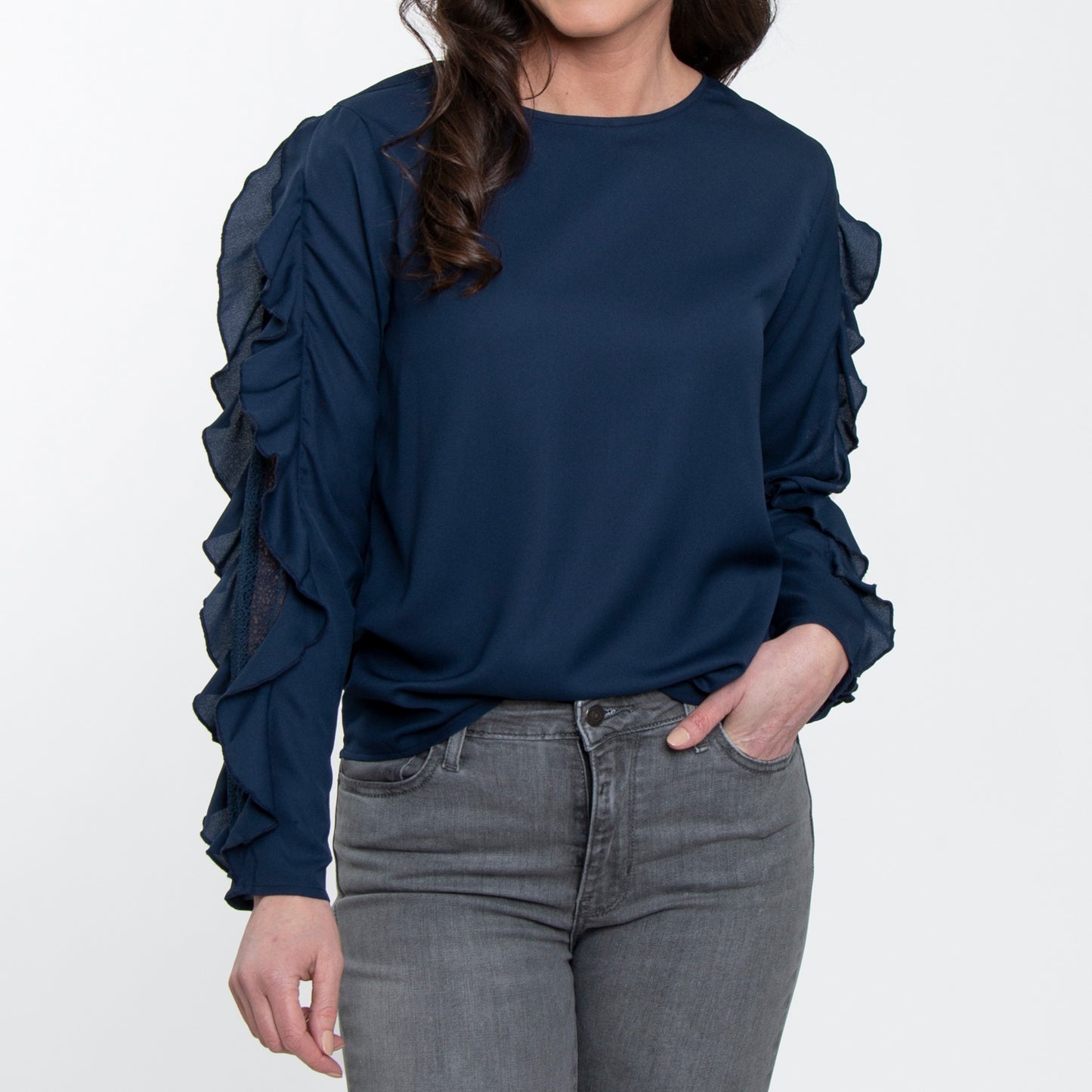 Beckett Deep Blue Ruffle Long Sleeve Crew Neck Blouse