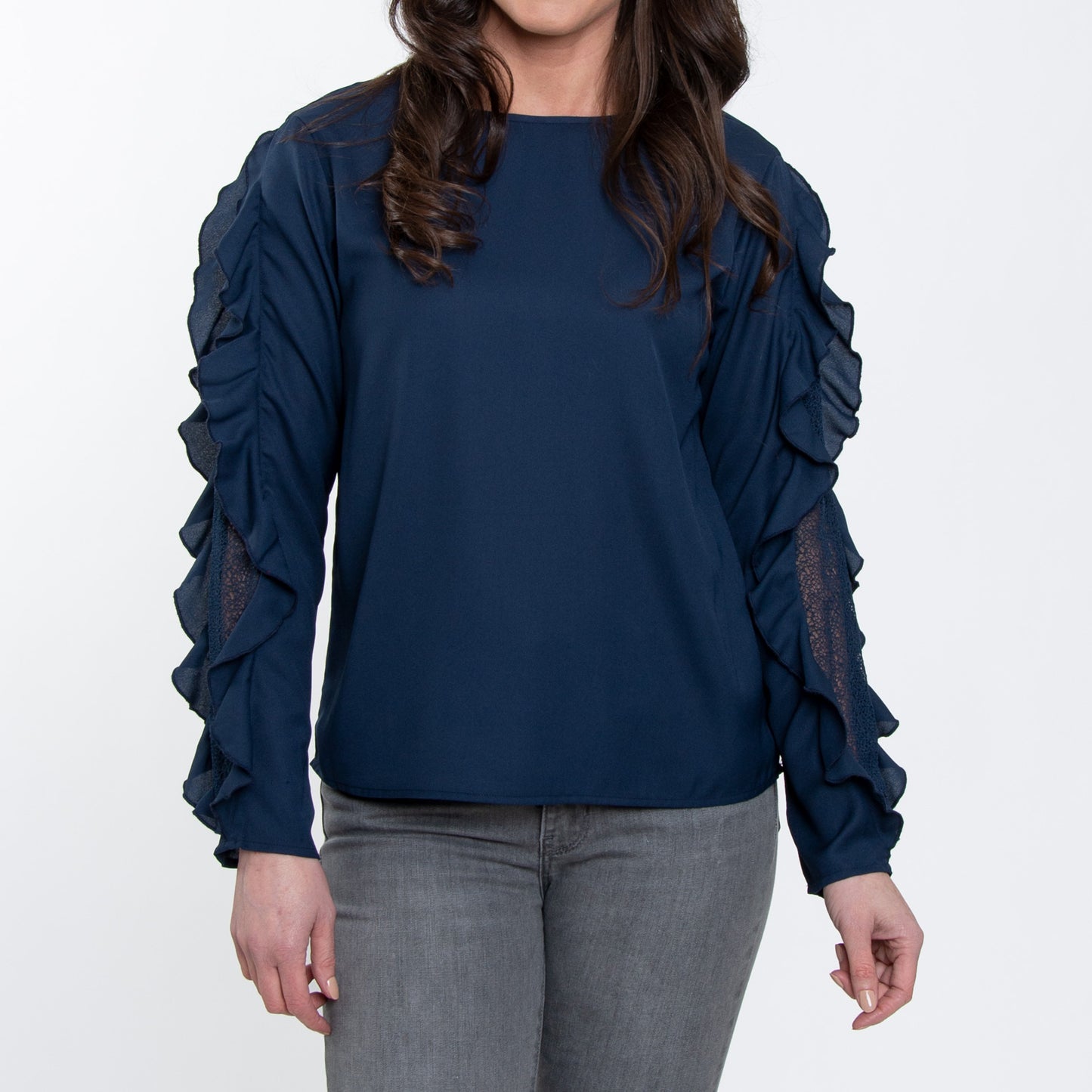 Beckett Deep Blue Ruffle Long Sleeve Crew Neck Blouse