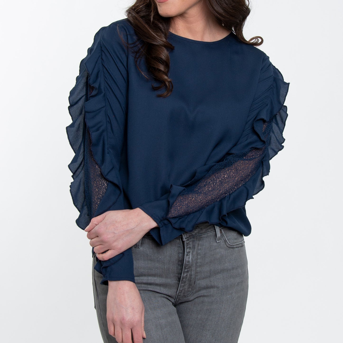 Beckett Deep Blue Ruffle Long Sleeve Crew Neck Blouse