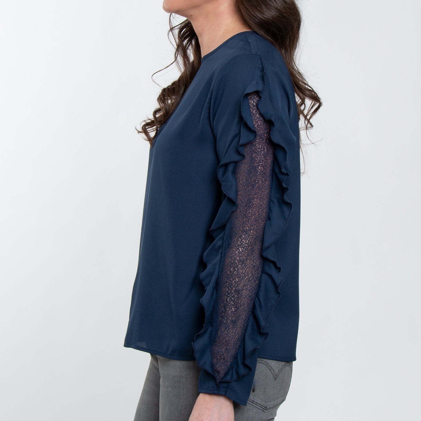 Beckett Deep Blue Ruffle Long Sleeve Crew Neck Blouse