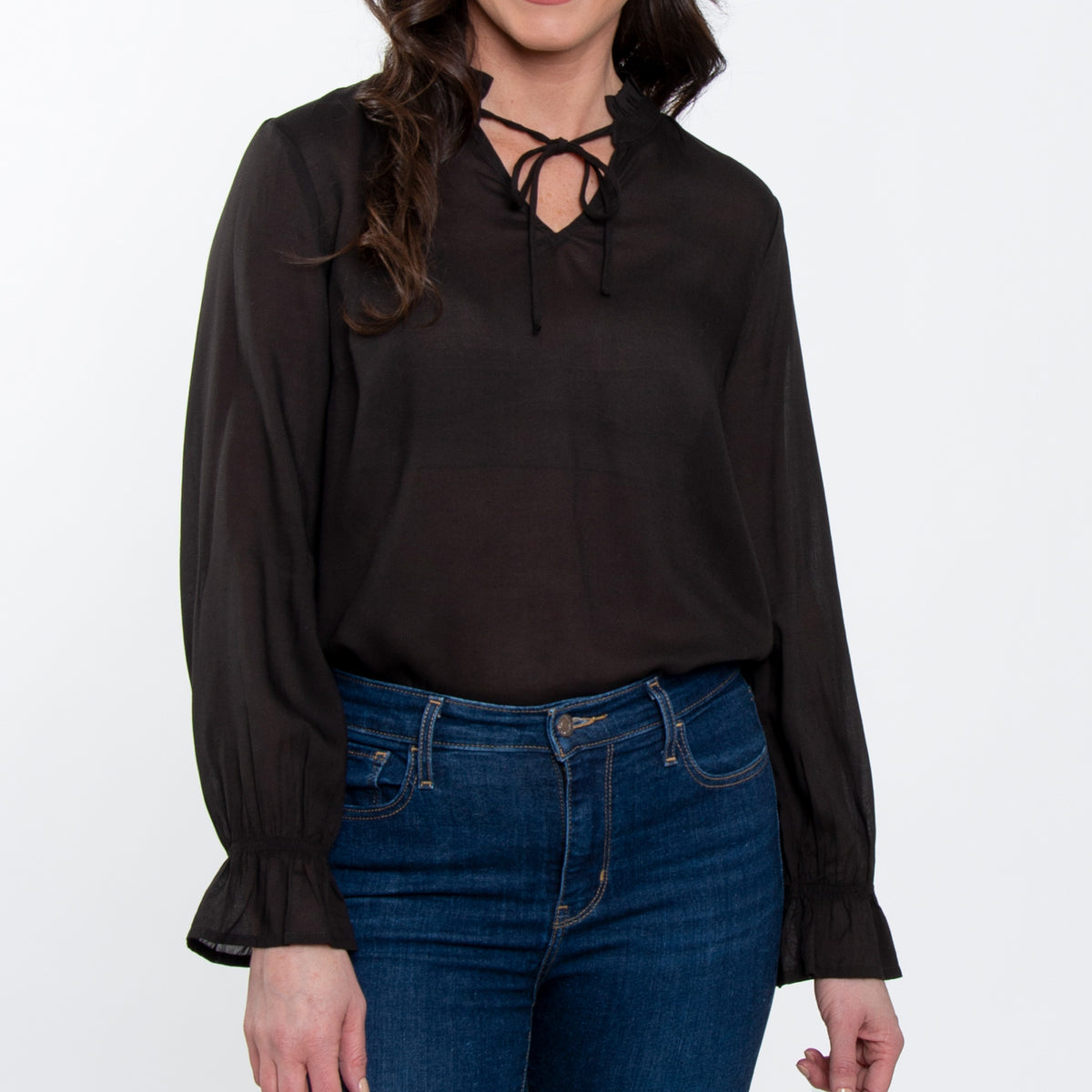 Merrick Ruffle Tie Keyhole Neck Long Sleeve Blouse