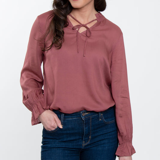 Merrick Ruffle Tie Keyhole Neck Long Sleeve Blouse