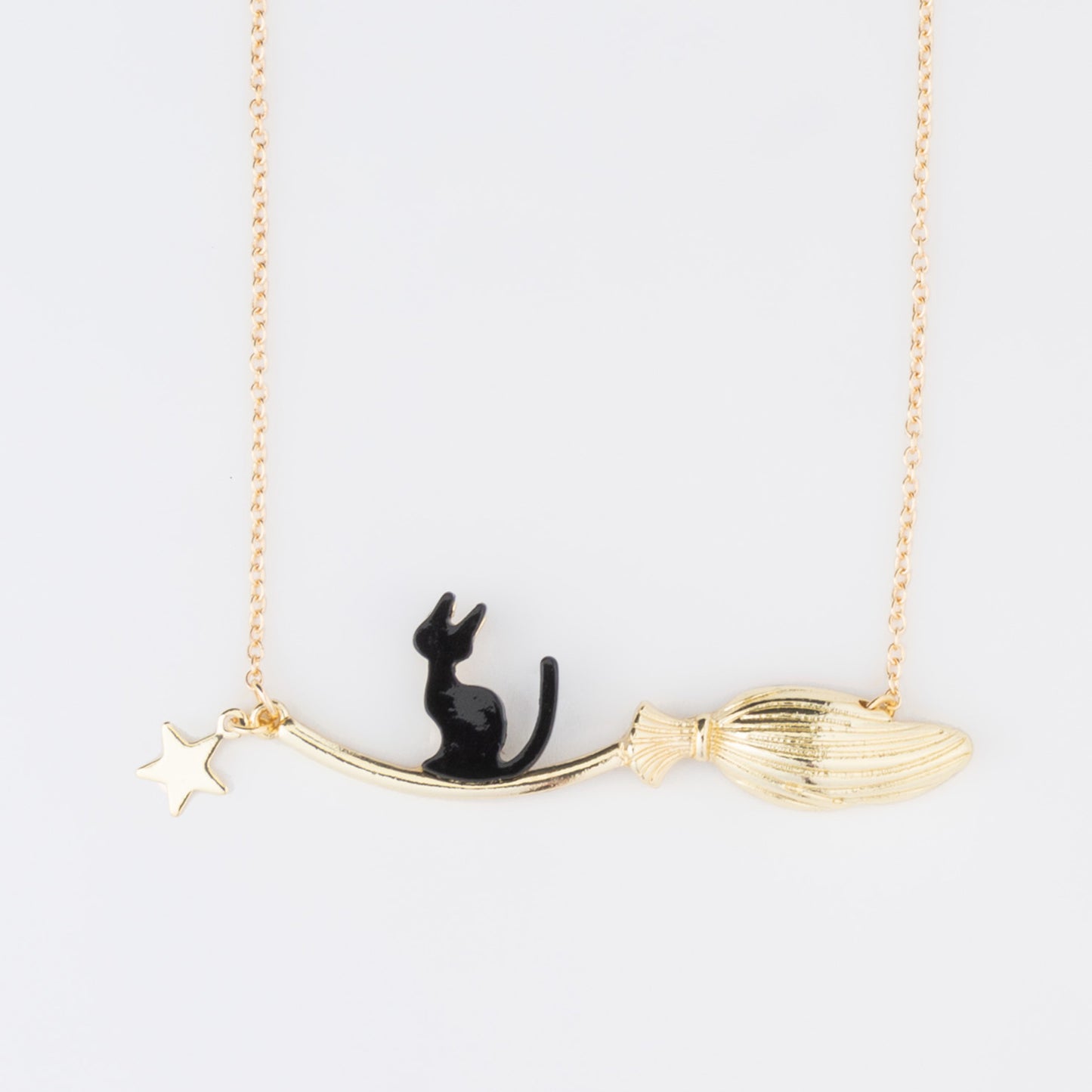 Halloween Black Binx Cat and Broom Pendant Necklace