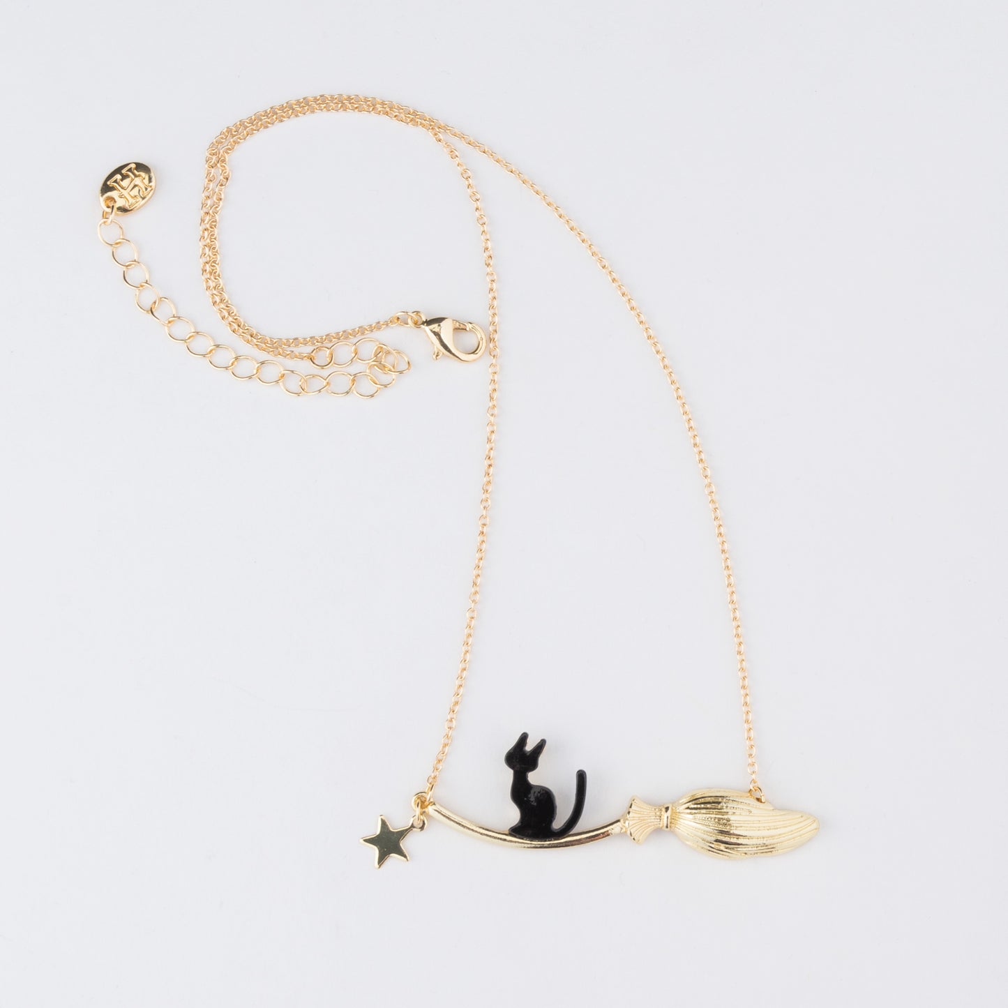 Halloween Black Binx Cat and Broom Pendant Necklace