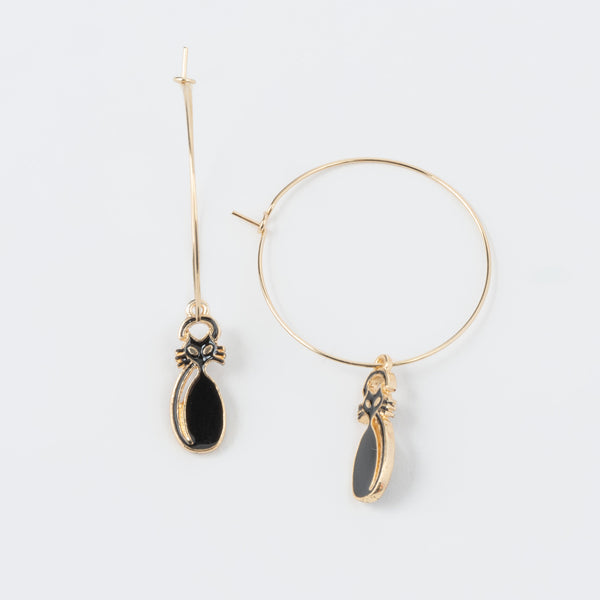 Halloween Black Cat Charm Hoop Earrings