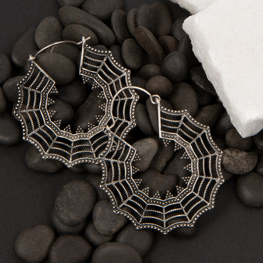 Halloween Hematite Spiderweb Hoop Earrings