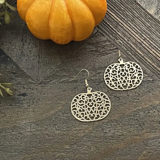 Halloween Gold Pumpkin Filigree Drop Earrings