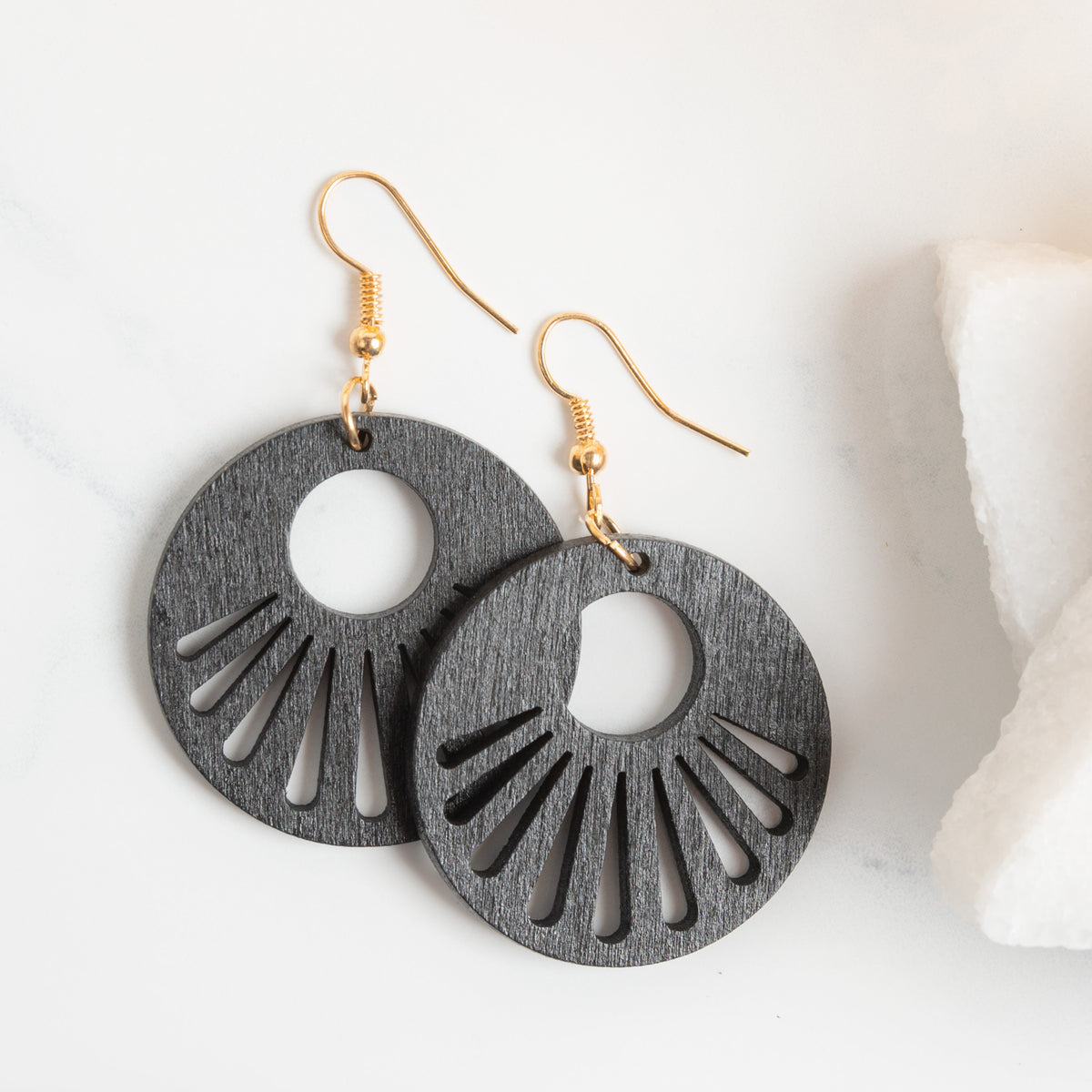 Samira Lightweight Black Sun Ray Wood Drop Earrings