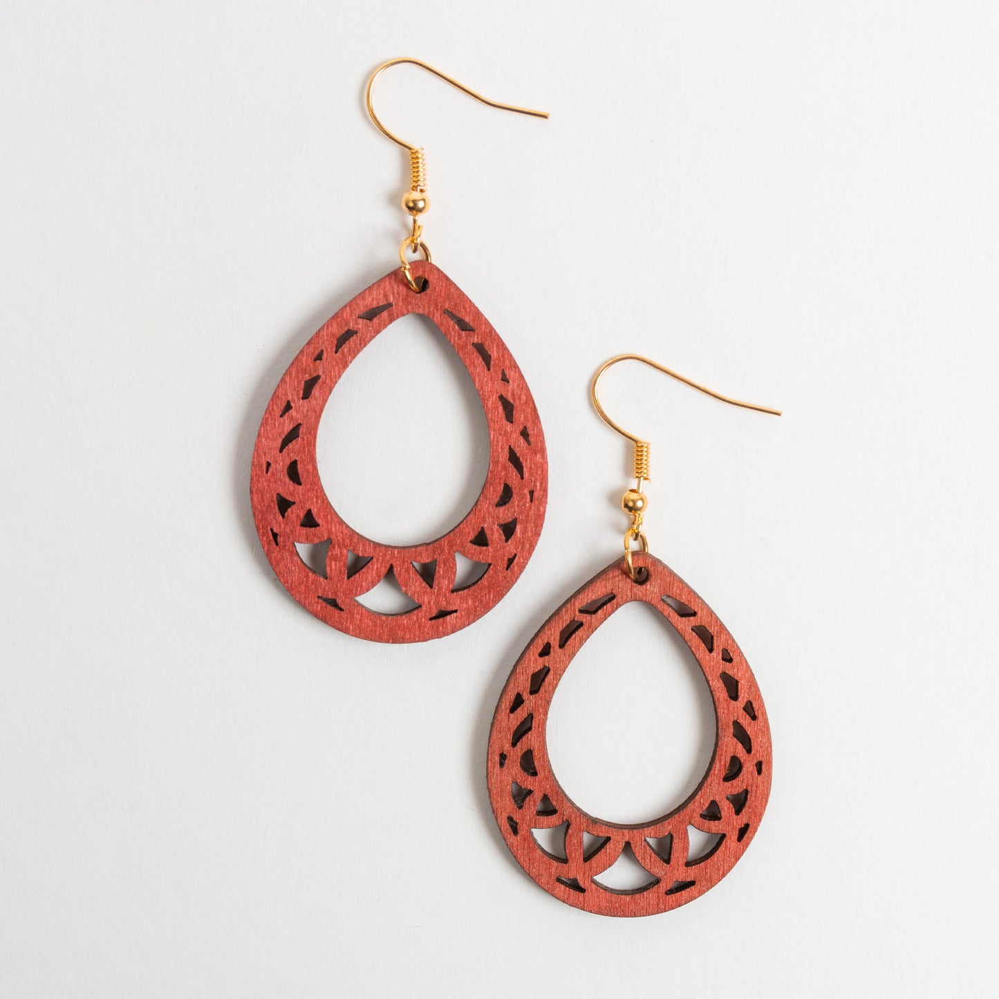 Samira Lightweight Burgundy Geo Oval Wood Drop Earrings