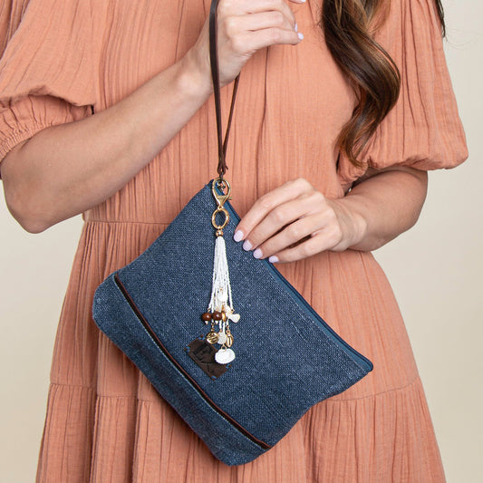 Zyla Jute Leather Handled Zip Closure Clutch Purse