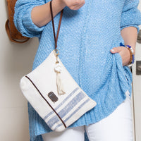 Zyla Jute Leather Handled Zip Closure Clutch Purse