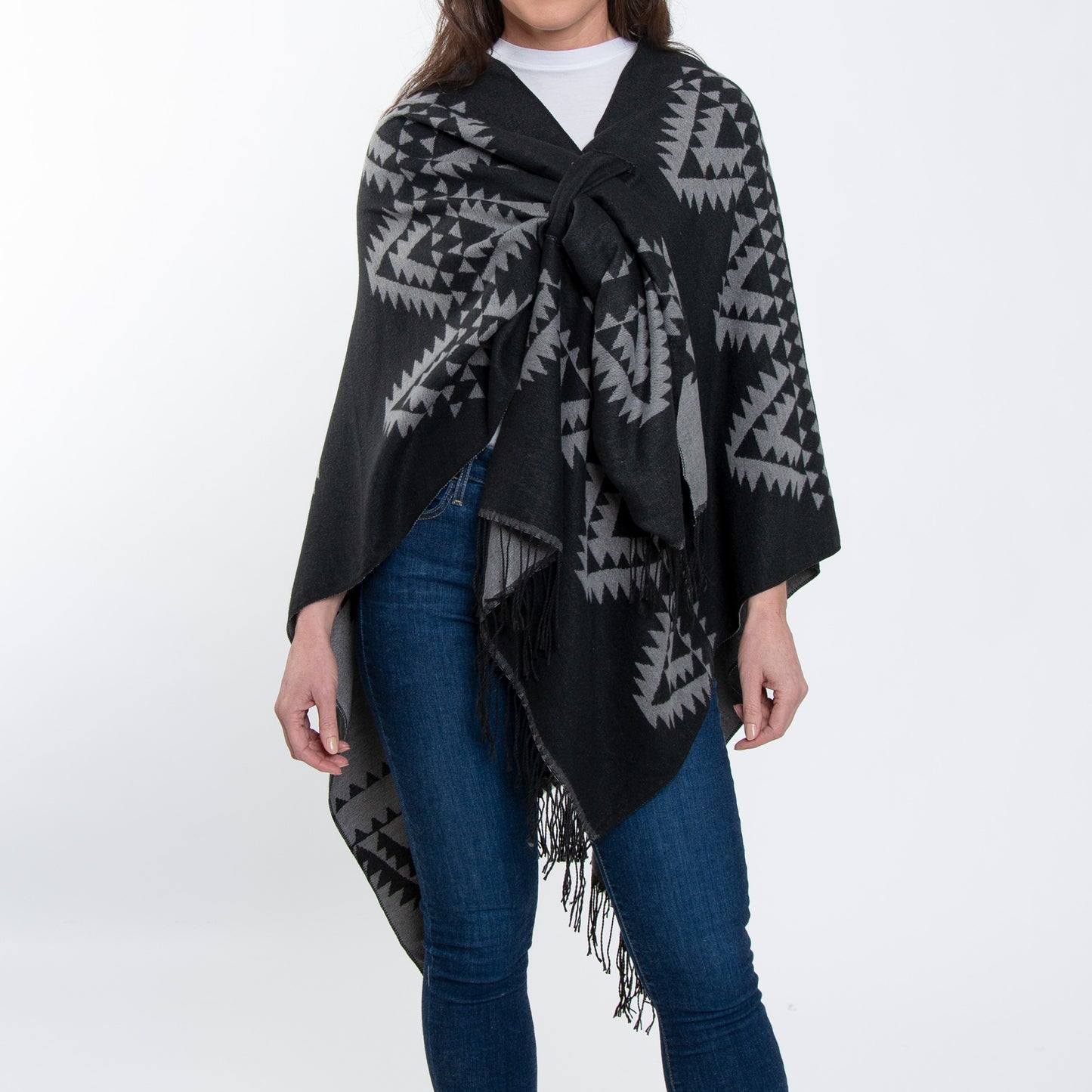 Rumi Reversible One Size Aztec Patterned Tasseled Wrap