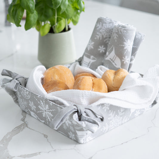 4 Piece Holiday Silver Bells Tea Towel & Bread Basket Set