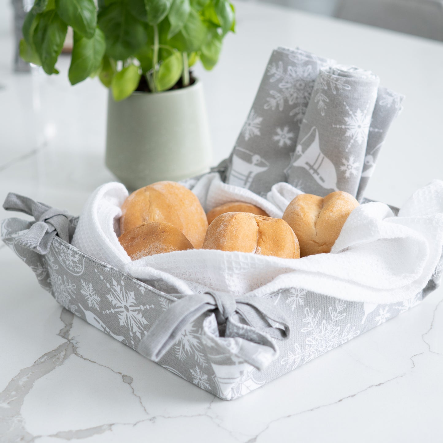 4 Piece Holiday Silver Bells Tea Towel & Bread Basket Set