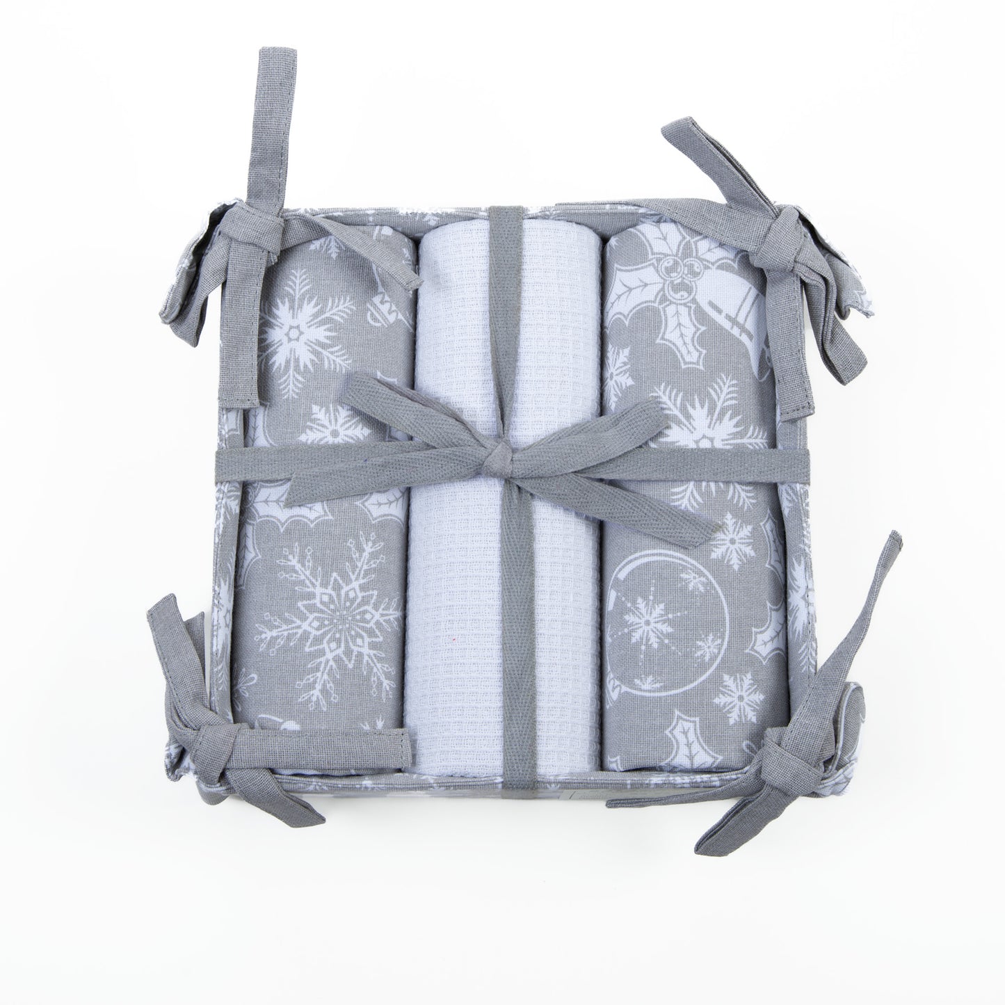 4 Piece Holiday Silver Bells Tea Towel & Bread Basket Set
