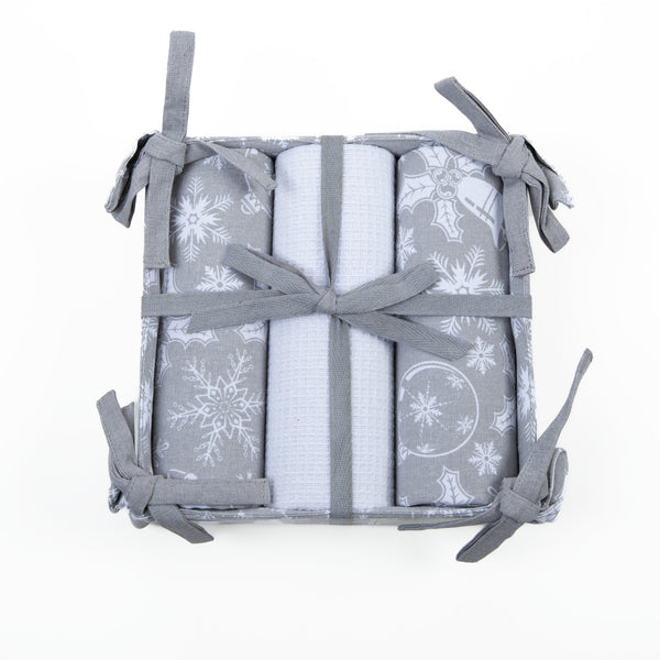 4 Piece Holiday Silver Bells Tea Towel & Bread Basket Set