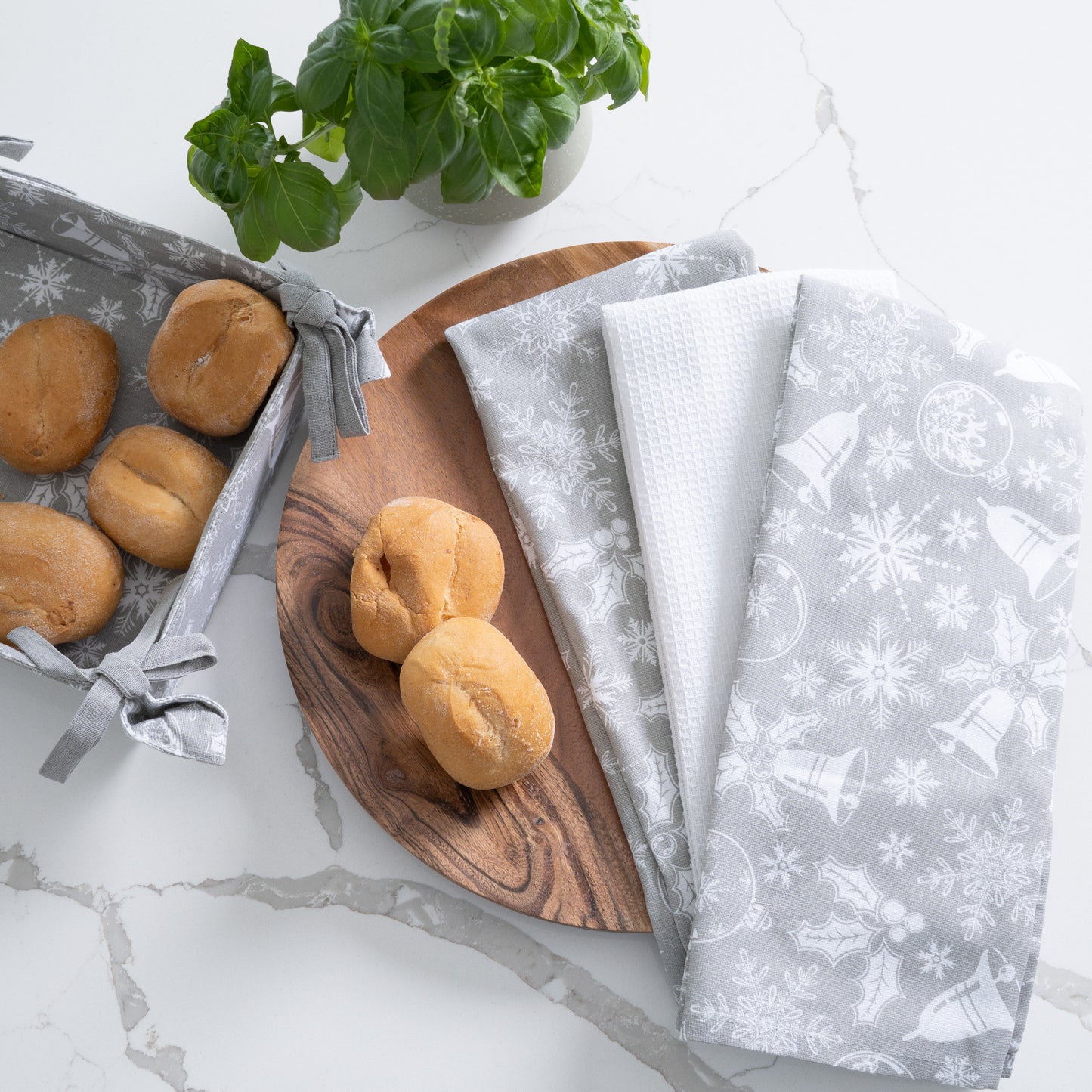 4 Piece Holiday Silver Bells Tea Towel & Bread Basket Set