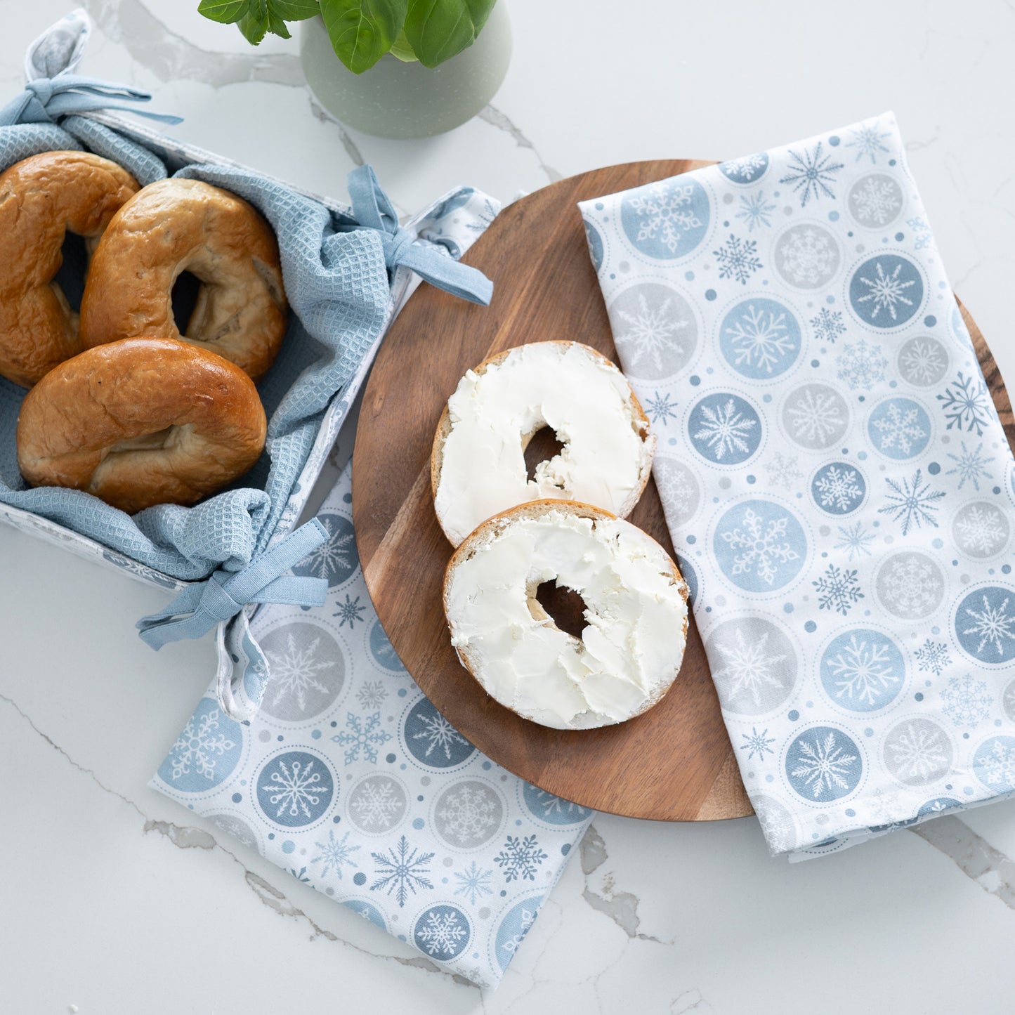 4 Piece Holiday Winter Snowflake Tea Towel & Bread Basket Set