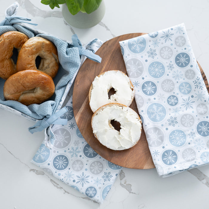 4 Piece Holiday Winter Snowflake Tea Towel & Bread Basket Set