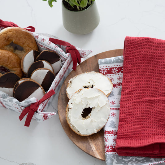 4 Piece Holiday Reindeer Stripe Tea Towel & Bread Basket Set