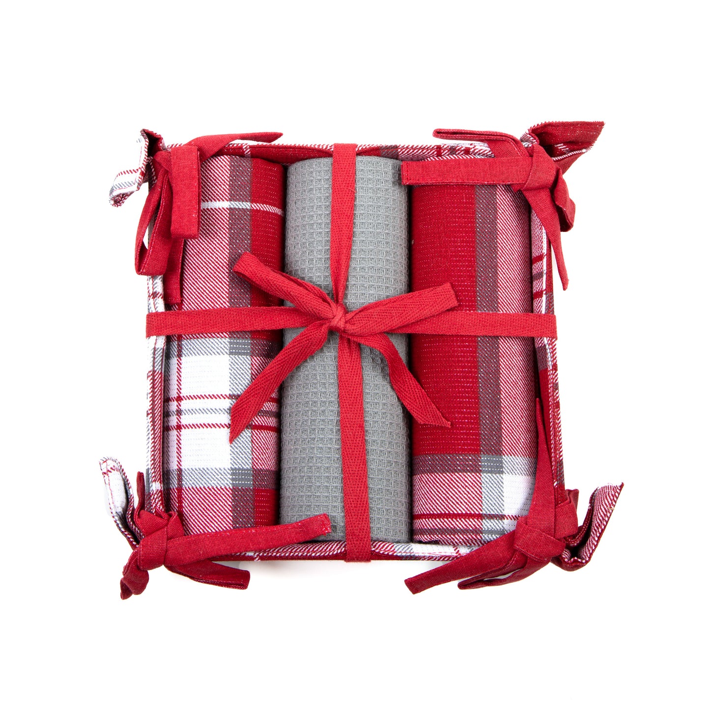 4 Pc Holiday Red Plaid Lurex Tea Towel & Bread Basket Set