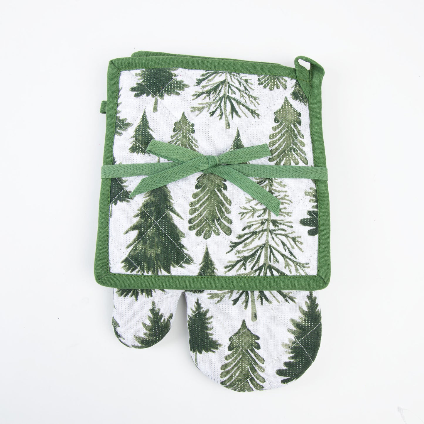 2 Piece Holiday Green Trees Oven Mitt & Pot Holder Set