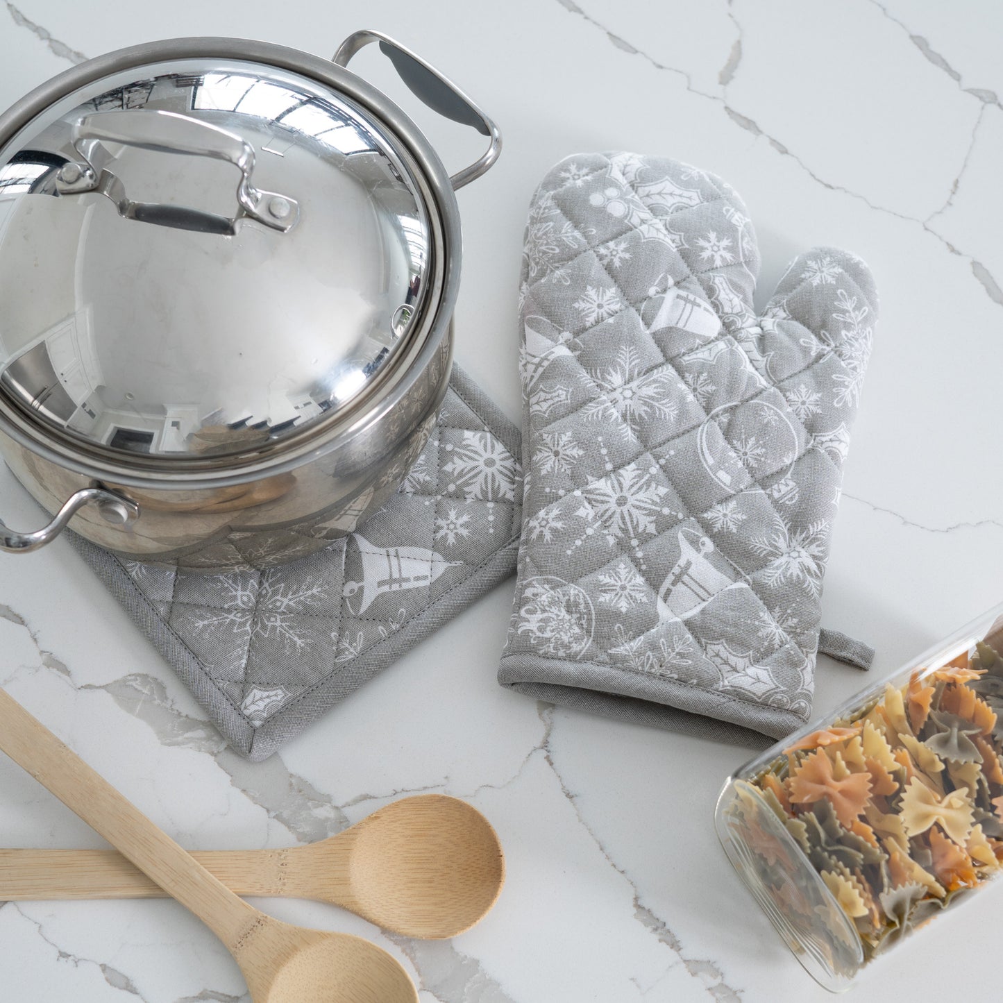 2 Piece Holiday Silver Bells Oven Mitt & Pot Holder Set