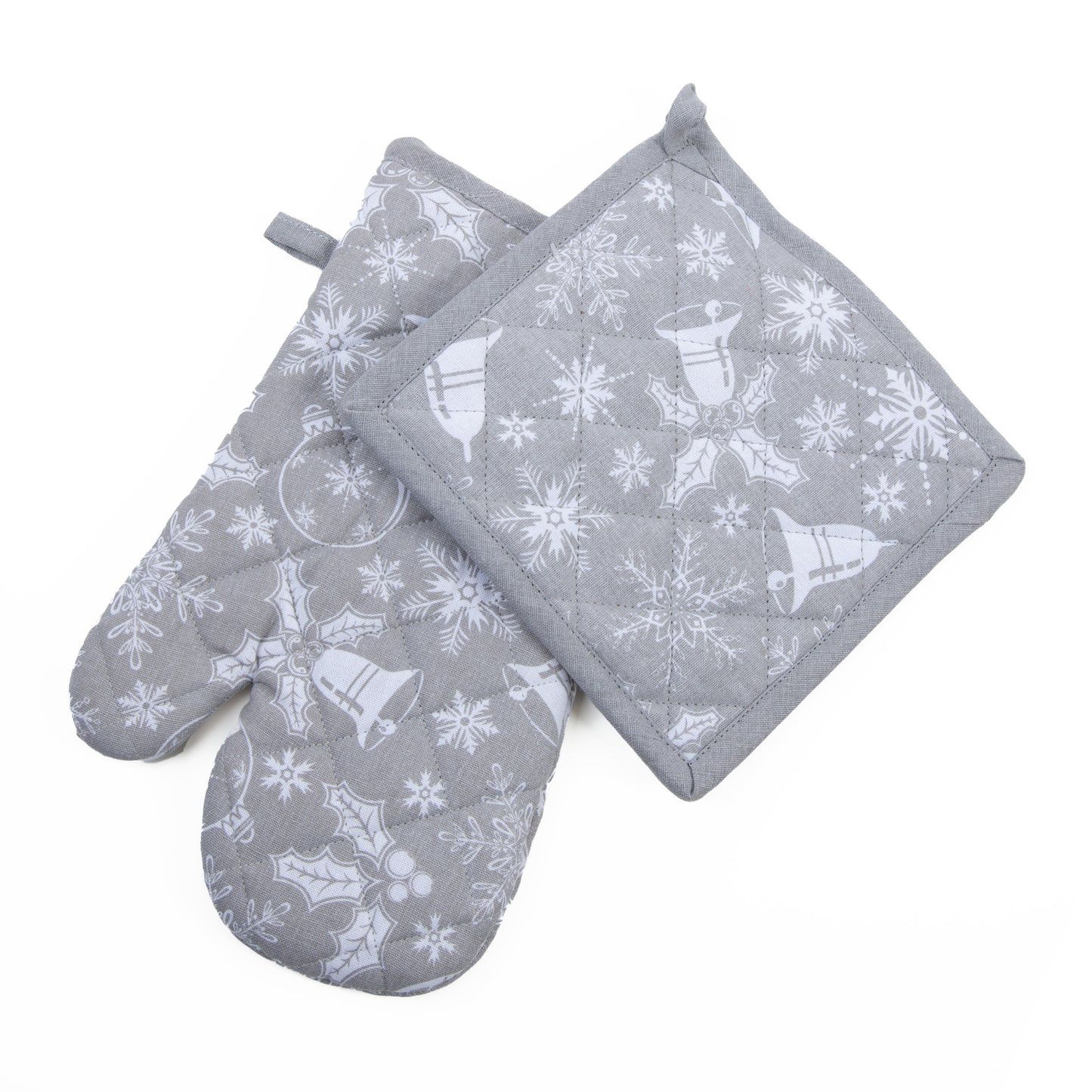 2 Piece Holiday Silver Bells Oven Mitt & Pot Holder Set