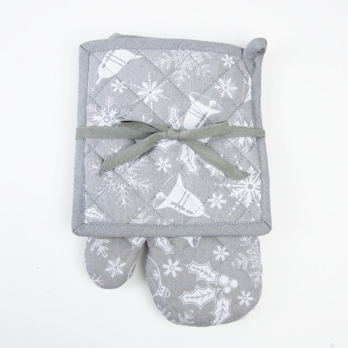 2 Piece Holiday Silver Bells Oven Mitt & Pot Holder Set
