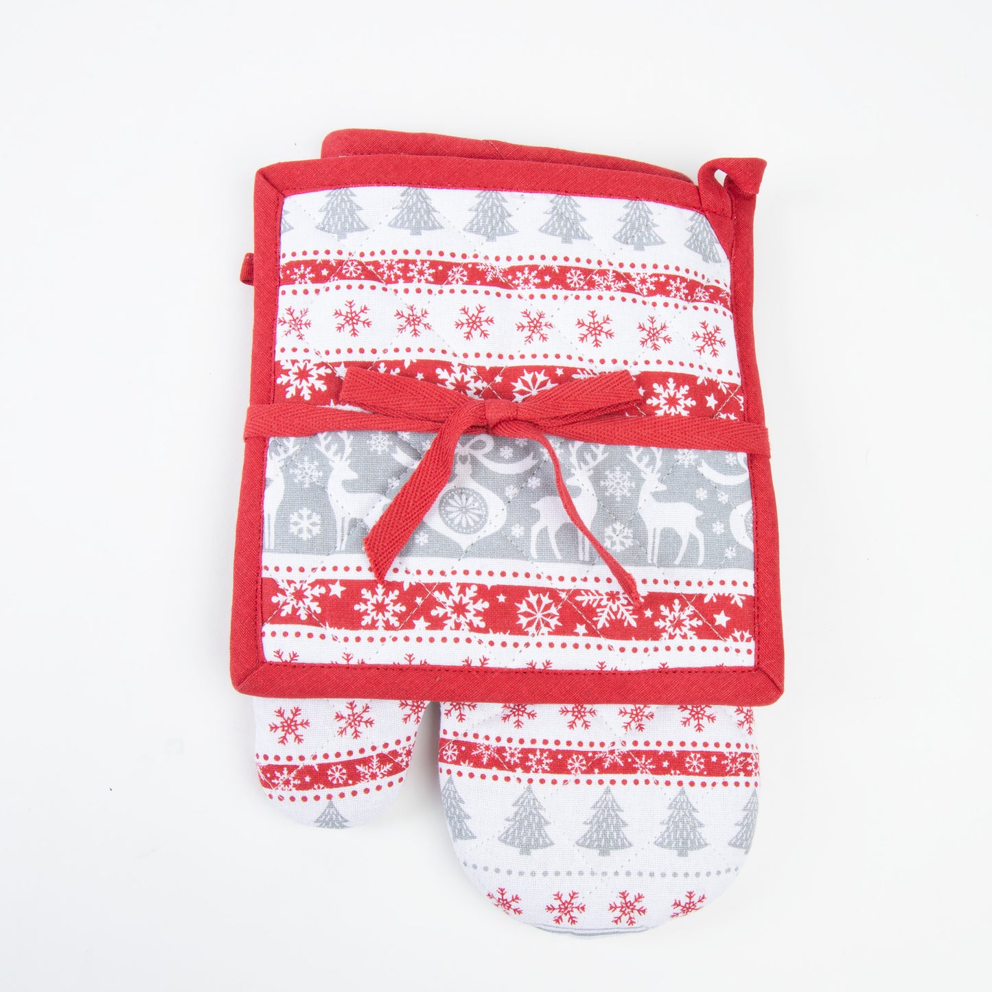 2 Piece Holiday Reindeer Stripe Oven Mitt & Pot Holder Set