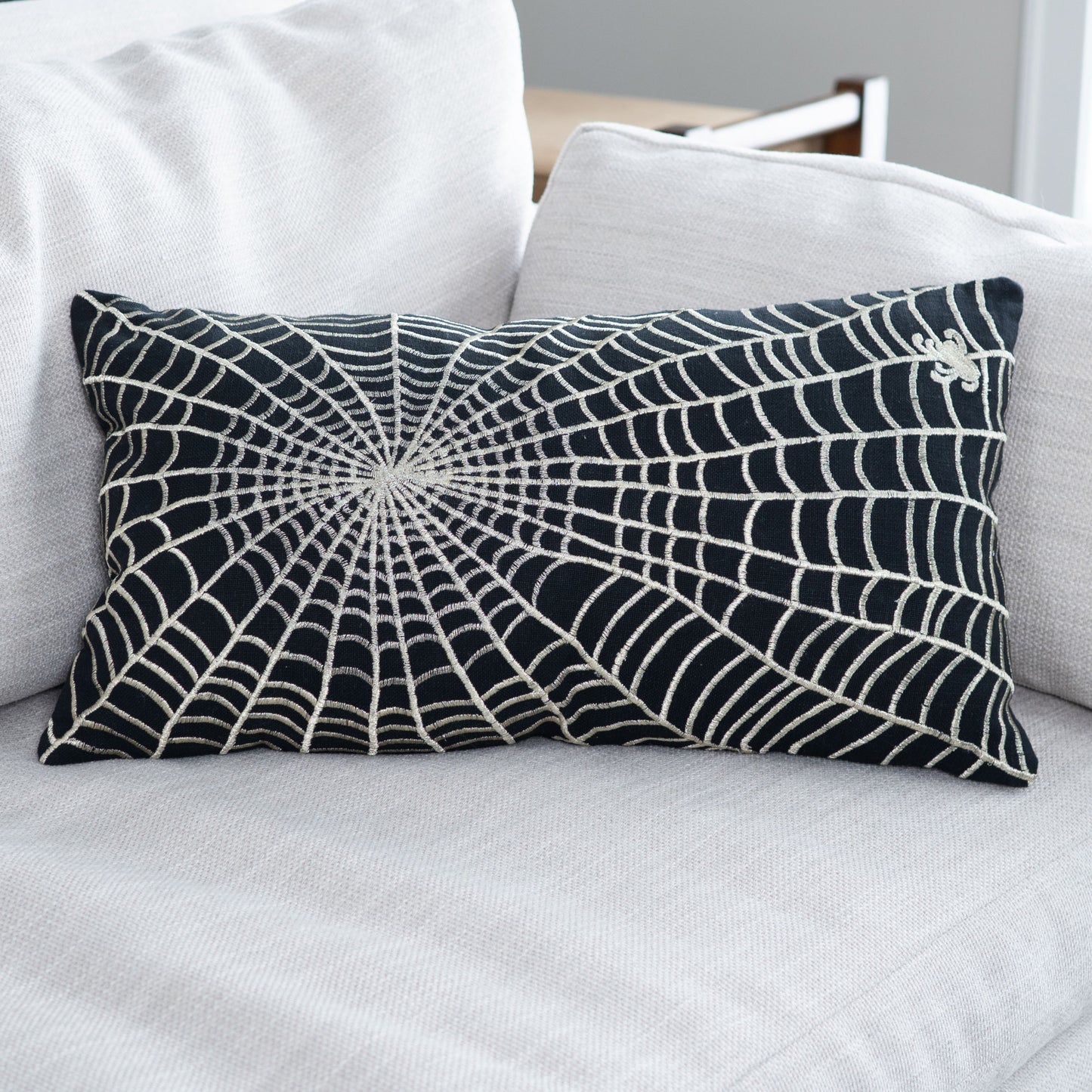 Halloween 12x22" Spider Web Embroidered Lumbar Pillow