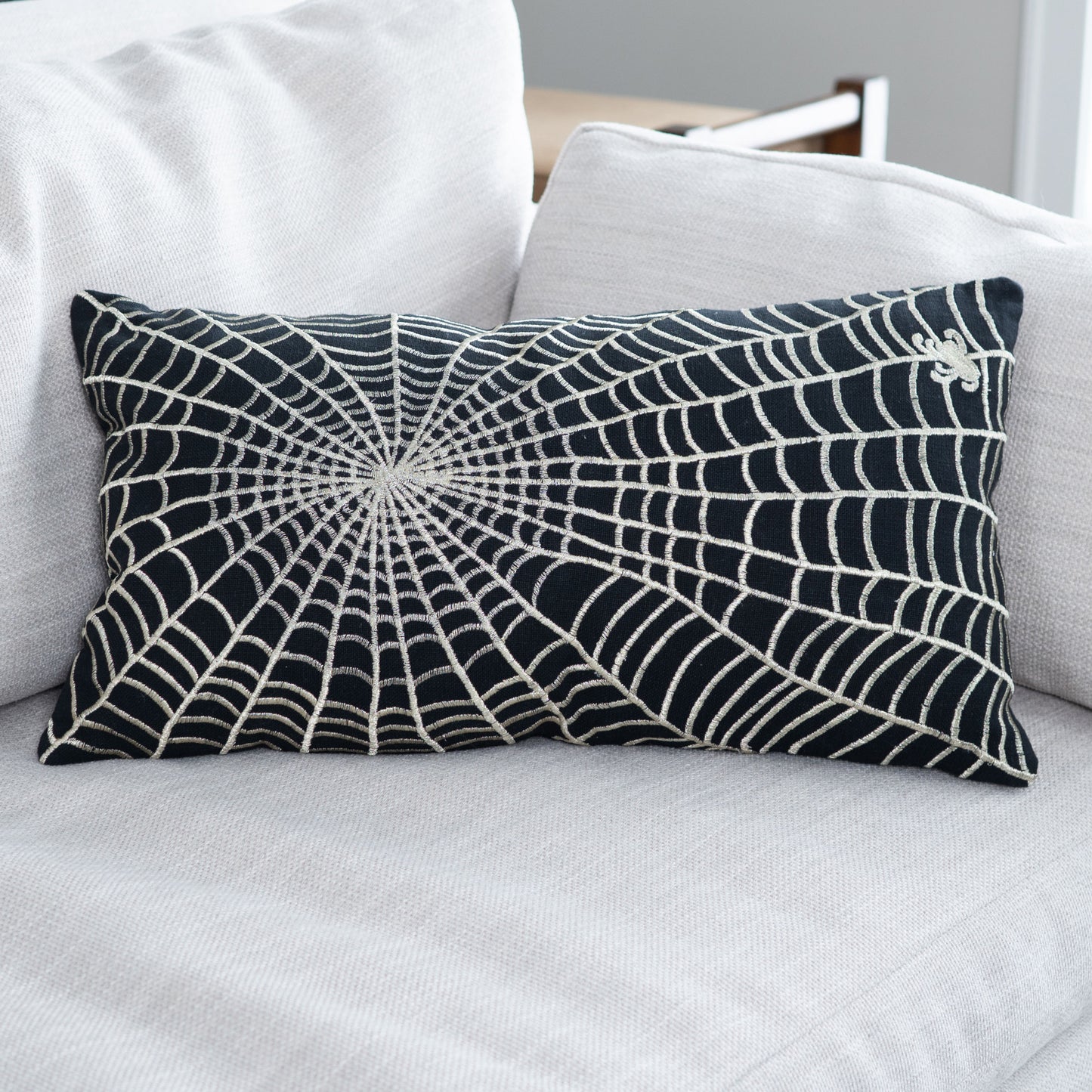 Halloween 12x22" Spider Web Embroidered Lumbar Pillow