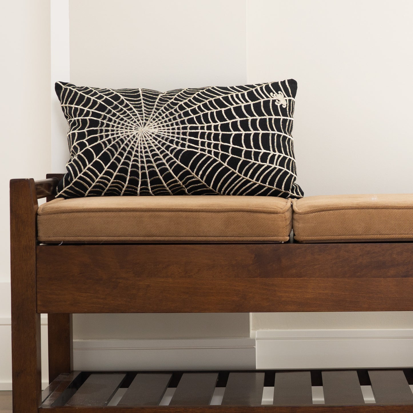 Halloween 12x22" Spider Web Embroidered Lumbar Pillow