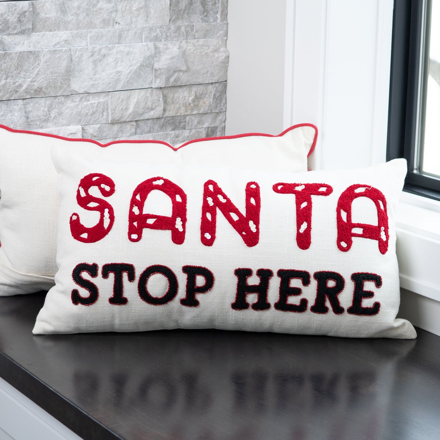 Christmas 12"x22" Santa Stop Here Embroidered Holiday Lumbar Pillow